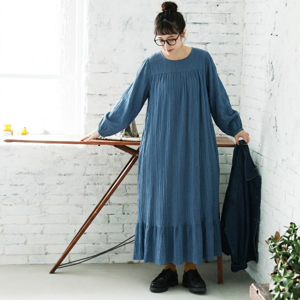 S-5XL 森ガール レトロ 無地 スリム効果 長袖 ランタンスリーブ ワンピース 5XL ブルー