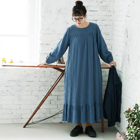 S-5XL 森ガール レトロ 無地 スリム効果 長袖 ランタンスリーブ ワンピース 5XL ブルー