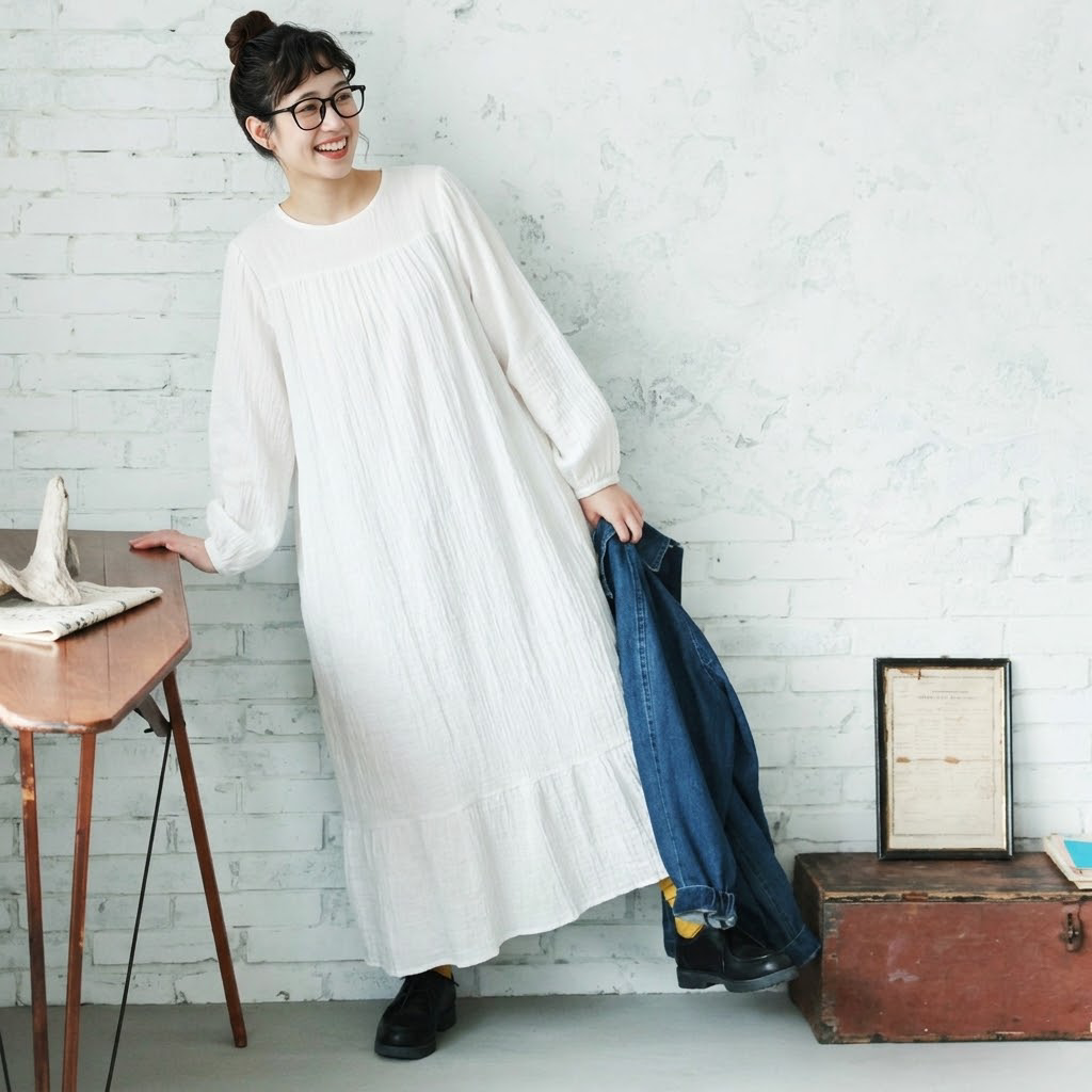 S-5XL 森ガール レトロ 無地 スリム効果 長袖 ランタンスリーブ ワンピース 5XL ホワイト