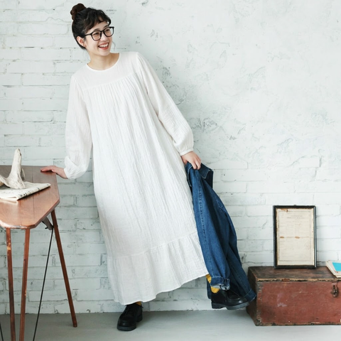 S-5XL 森ガール レトロ 無地 スリム効果 長袖 ランタンスリーブ ワンピース S ブルー