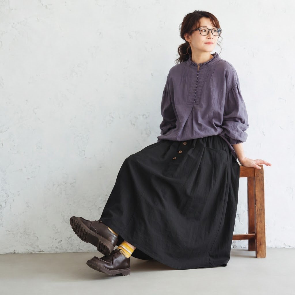 【コットン】M-3XL 無地 シンプル ポケット付き ボタン スカート M ブラック