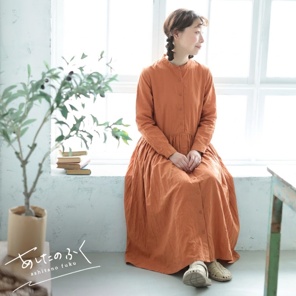 【コットン】M-2XL 上品見え 大人っぽい ナチュラル ポケット付き 長袖 ワンピース M オレンジ