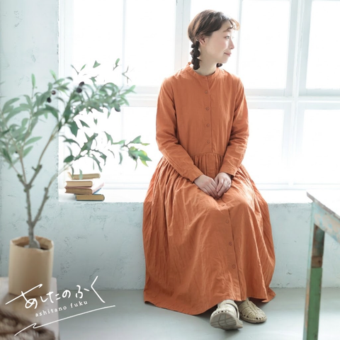 【コットン】M-2XL 上品見え 大人っぽい ナチュラル ポケット付き 長袖 ワンピース M オレンジ