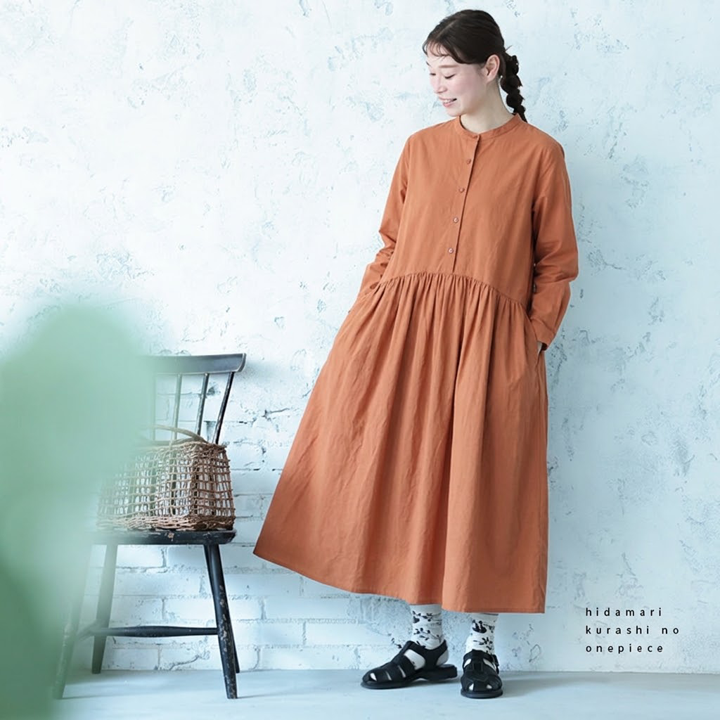 【コットン】M-2XL 上品見え 大人っぽい ナチュラル ポケット付き 長袖 ワンピース M オレンジ