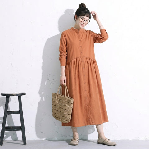 【コットン】M-2XL 上品見え 大人っぽい ナチュラル ポケット付き 長袖 ワンピース M オレンジ