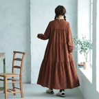 【ナチュラル】M-2XL ドット柄 柔らかい フェミニン 長袖 カジュアルワンピース M オレンジ