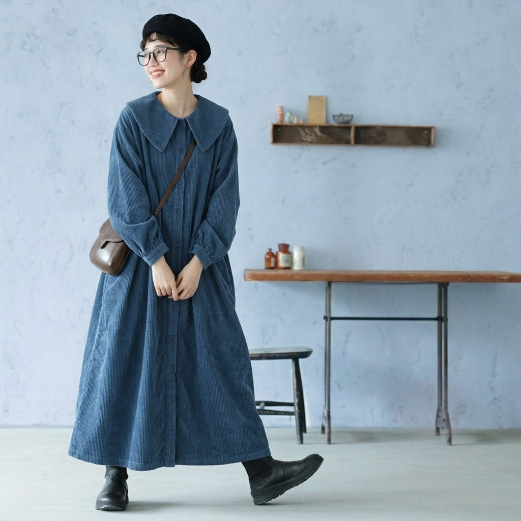 M-2XL 秋の散歩道 コーデュロイ パフカラー Aライン ロング ワンピース M ブルー
