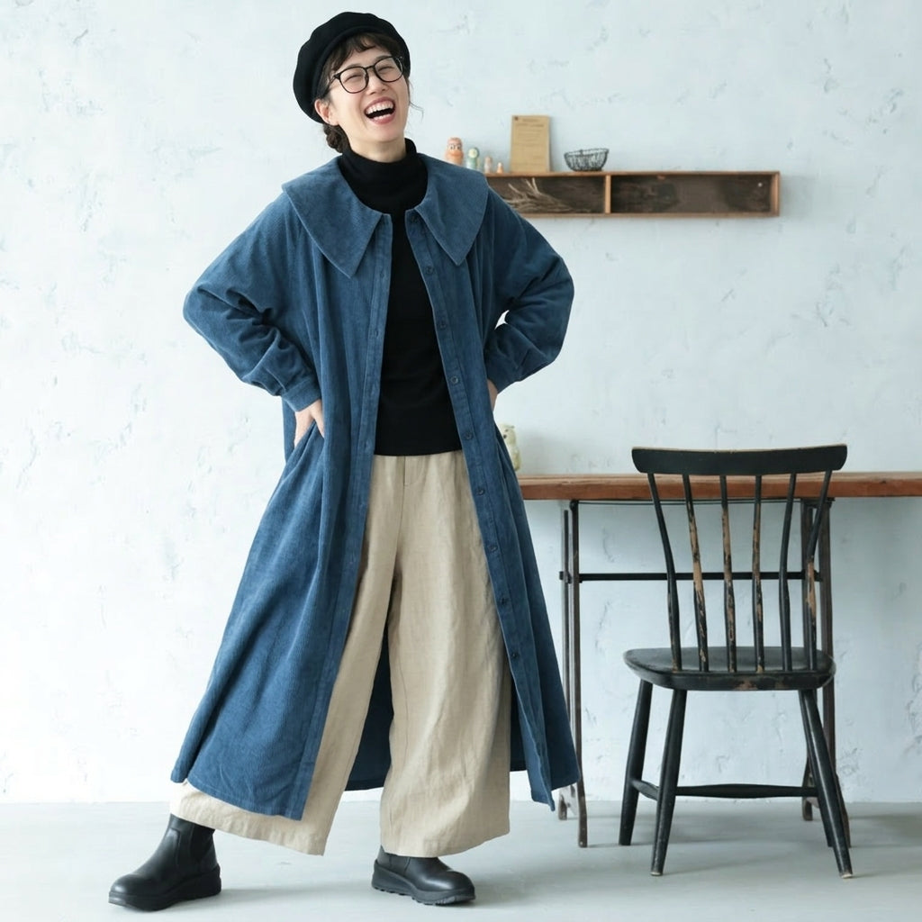 M-2XL 秋の散歩道 コーデュロイ パフカラー Aライン ロング ワンピース M ブルー