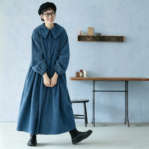 M-2XL 秋の散歩道 コーデュロイ パフカラー Aライン ロング ワンピース 2XL ブルー
