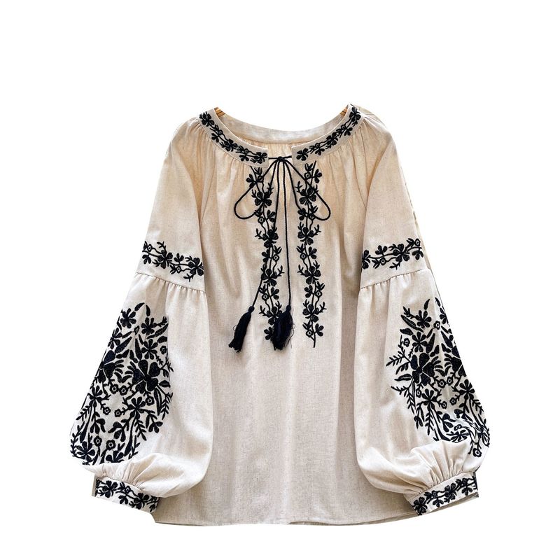 フリーサイズ レトロ 刺繍 ゆったり きれいめ リボン付き ふんわり袖 秋向け シャツ フリー ブラック