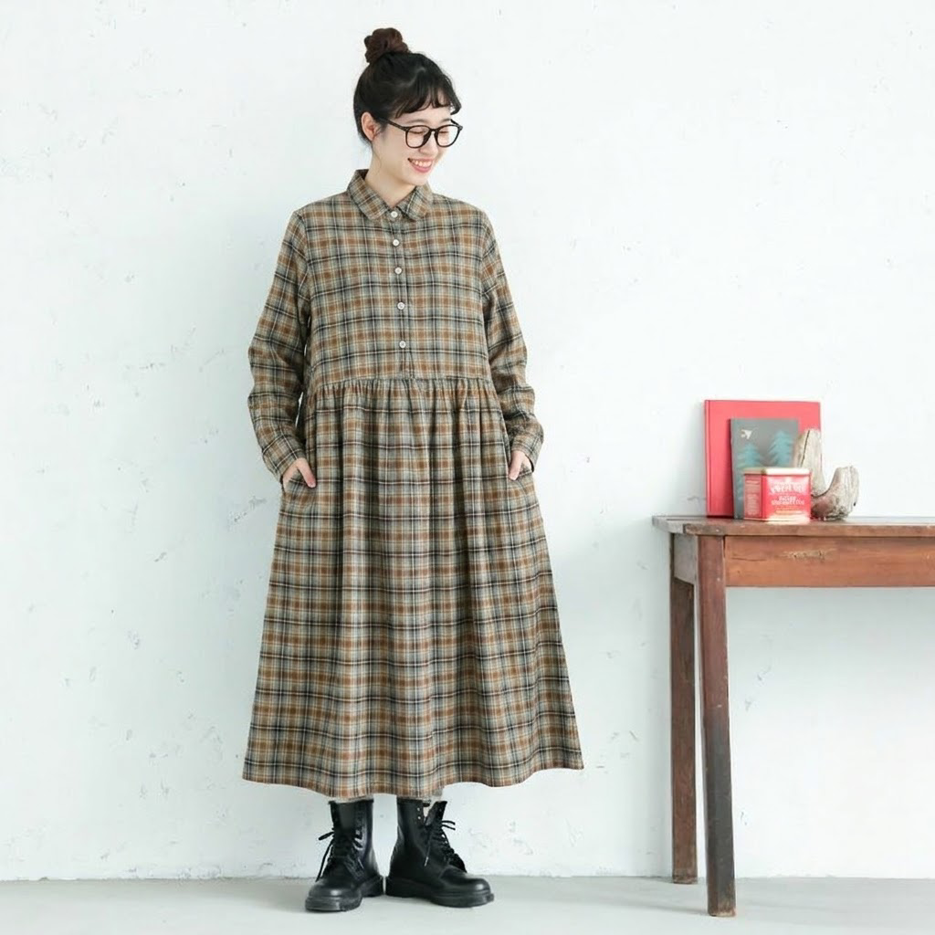 M-2XL チェック柄 ボタン 森ガール 折り襟 長袖 ワンピース M 写真通り