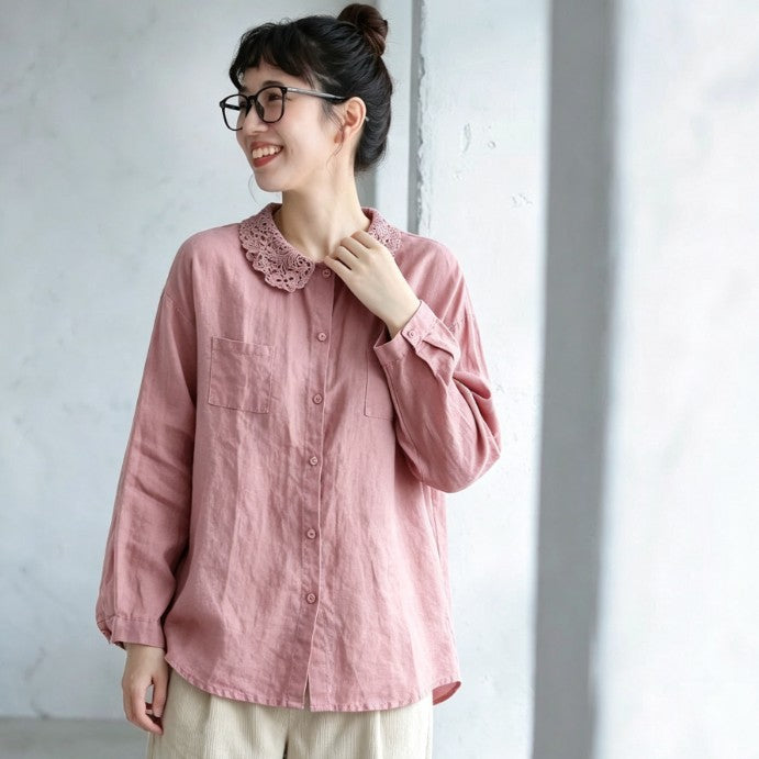 M-3XL レトロ レース襟 ロングスリーブ カジュアル 季節の変わり目 きれいめ シャツ 3XL ピンク