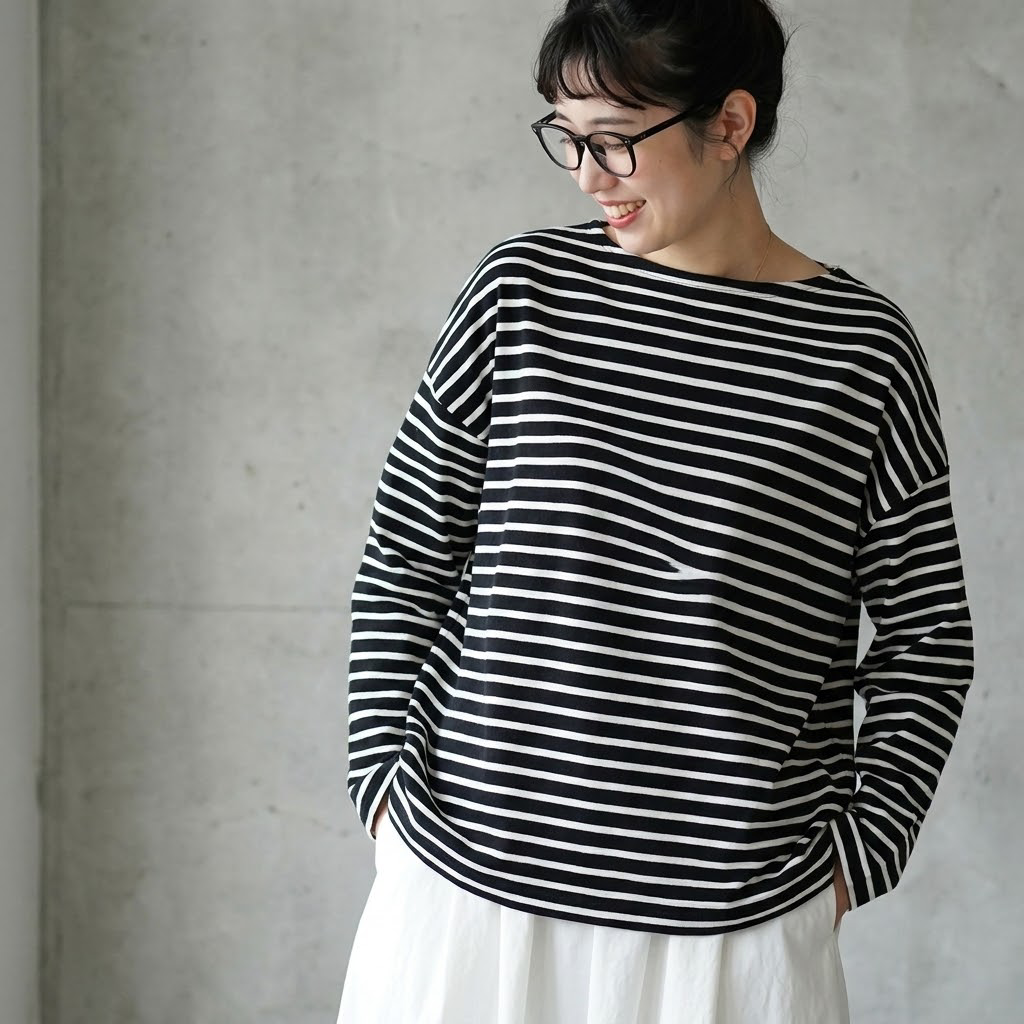 M-L ボーダー ファッション 長袖 ラウンドネック Tシャツ L 黒地白