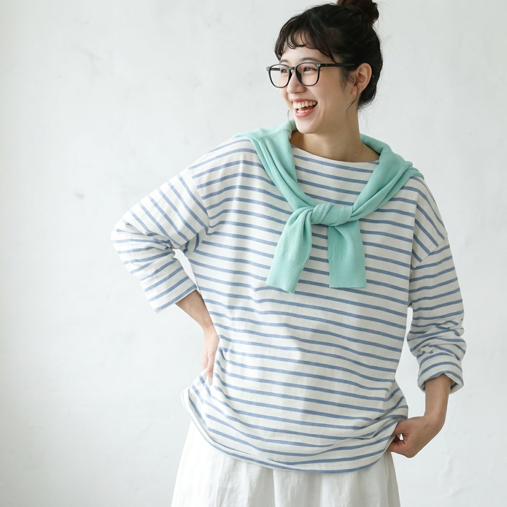 M-L ボーダー ファッション 長袖 ラウンドネック Tシャツ M ライトブルー