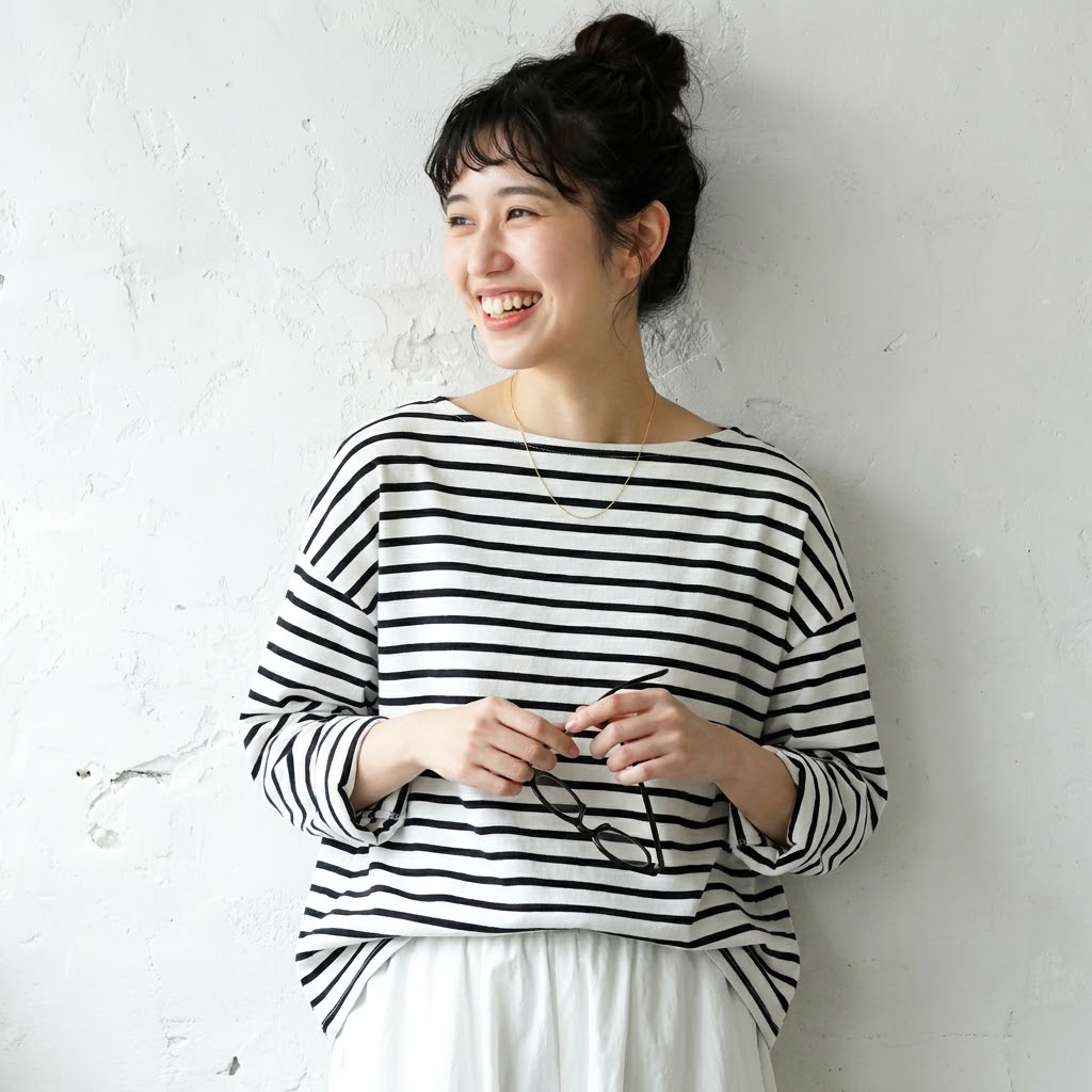 M-L ボーダー ファッション 長袖 ラウンドネック Tシャツ M ライトブルー