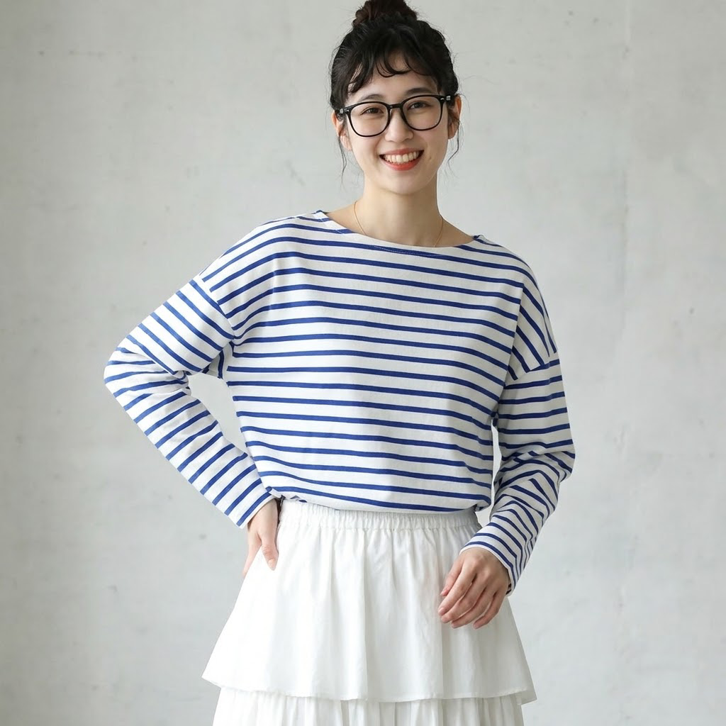 M-L ボーダー ファッション 長袖 ラウンドネック Tシャツ M ライトブルー