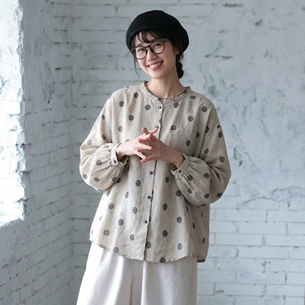 M-2XL 綿麻 肌触り柔らかい ドット柄 長袖 シャツ M 写真通り