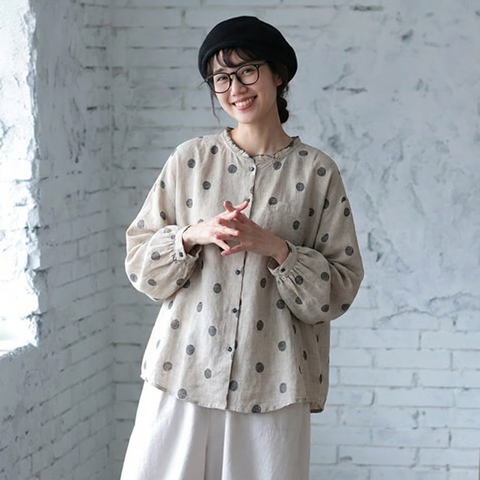 M-2XL 綿麻 肌触り柔らかい ドット柄 長袖 シャツ M 写真通り