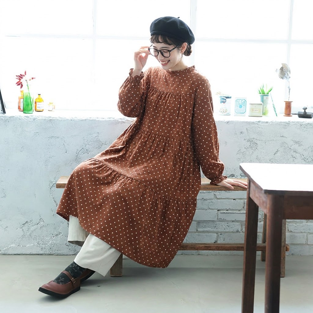 M-2XL コットン ドット柄 Aライン レトロ 長袖ワンピース M オレンジ