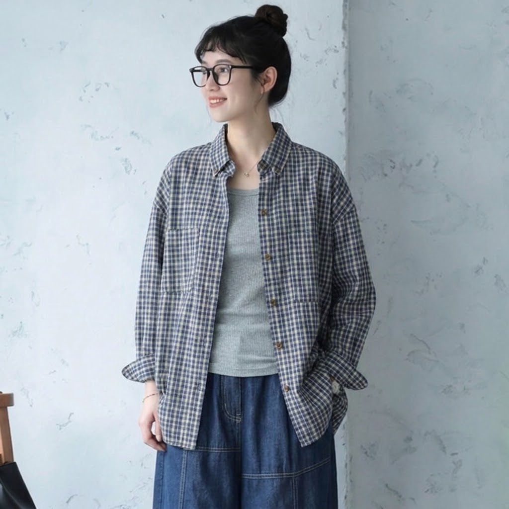 S-2XL チェック柄 ゆったり ルーズ感 ロングスリーブ 晩夏から秋 シャツ S ブルー