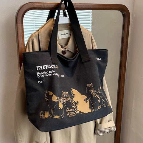 トレンドを先取り♪ 猫 大容量 ファスナー ショルダーバッグ キャンバスバッグ フリー ブラック (裏地付き)