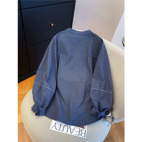 M-2XL 女性らしさ全開 チェック柄  長袖 切り替え シンプル シャツ M ブルー