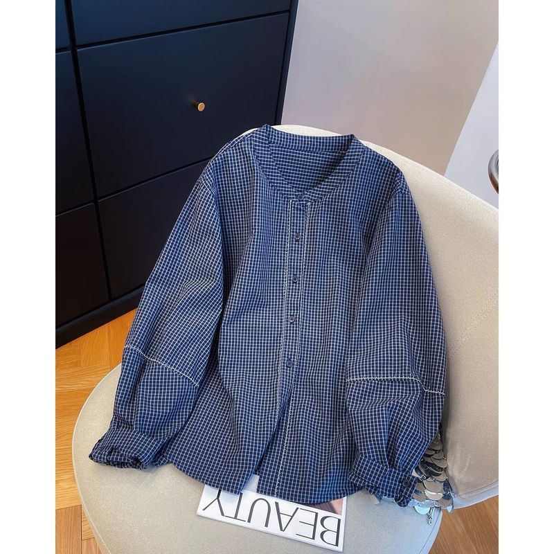 M-2XL 女性らしさ全開 チェック柄  長袖 切り替え シンプル シャツ M ブルー