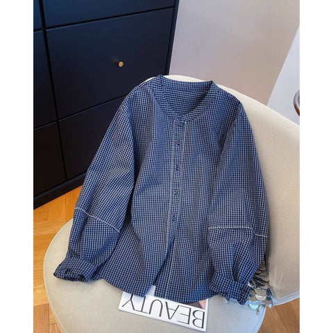 M-2XL 女性らしさ全開 チェック柄  長袖 切り替え シンプル シャツ M ブルー