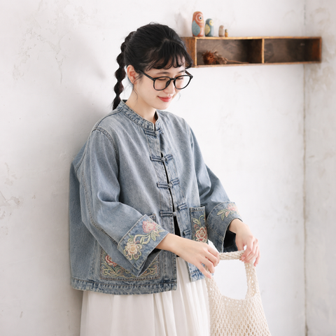 M-2XL 秋の街角 刺繍 デニムジャケット M ブルー