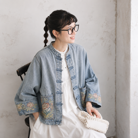 M-2XL 秋の街角 刺繍 デニムジャケット M ブルー