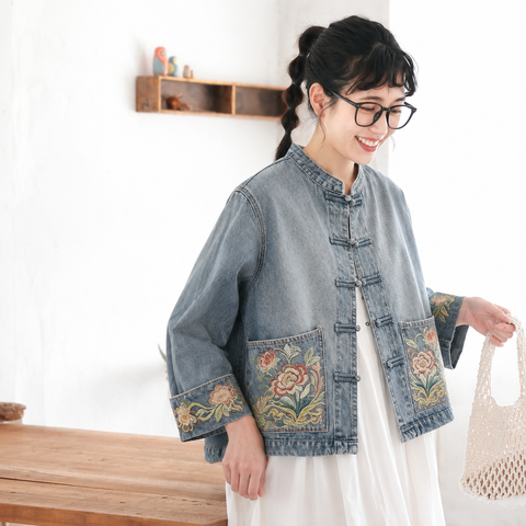 M-2XL 秋の街角 刺繍 デニムジャケット M ブルー
