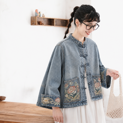 M-2XL 秋の街角 刺繍 デニムジャケット M ブルー