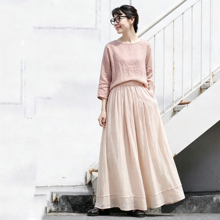 M-2XL ゆったり A ライン ウエストゴム 季節の変わり目 ロングスカート 2XL ピンク