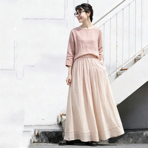 M-2XL ゆったり A ライン ウエストゴム 季節の変わり目 ロングスカート 2XL ピンク