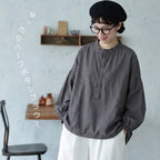 M-2XL 長袖 ゆったり ハーフボタンブラウス M ダークグレー