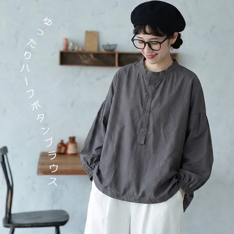 M-2XL 長袖 ゆったり ハーフボタンブラウス M ダークグレー