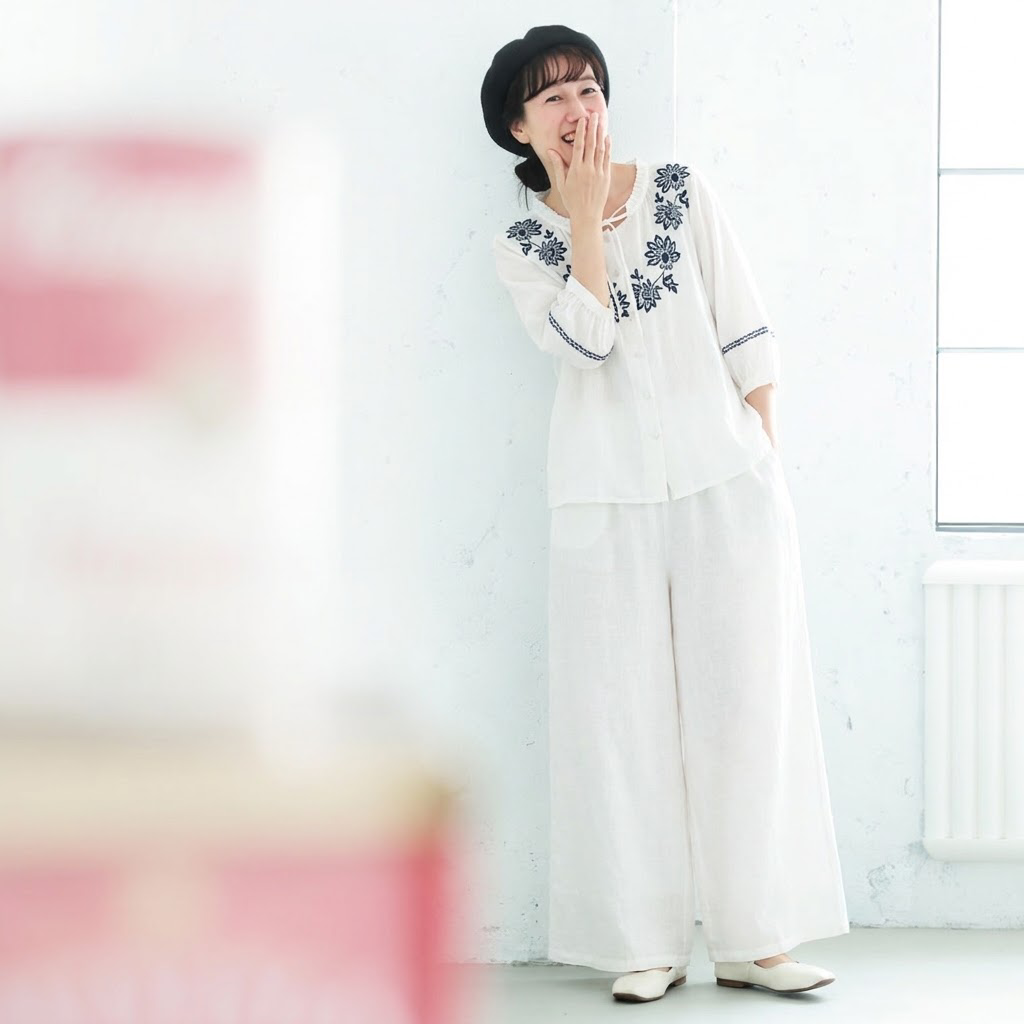 M-XL リネン生地 刺繍 七分袖 花模様 無地  テクスチャ 2点セット M ホワイト/【2点セット】