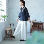 M-XL リネン生地 刺繍 七分袖 花模様 無地  テクスチャ 2点セット XL ネイビー/【2点セット】