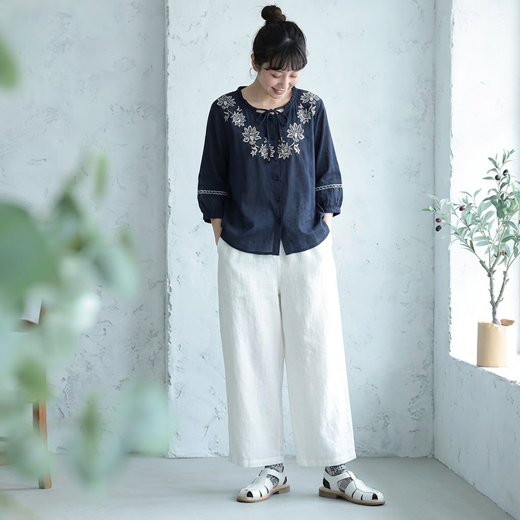 M-XL リネン生地 刺繍 七分袖 花模様 無地  テクスチャ 2点セット M ホワイト/【2点セット】