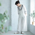 M-XL リネン生地 刺繍 七分袖 花模様 無地  テクスチャ 2点セット XL ホワイト/【2点セット】