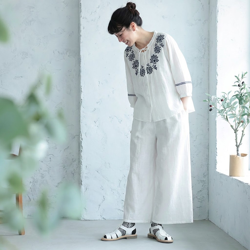 M-XL リネン生地 刺繍 七分袖 花模様 無地  テクスチャ 2点セット XL ホワイト/【2点セット】