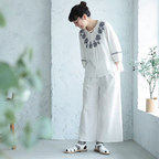 M-XL リネン生地 刺繍 七分袖 花模様 無地  テクスチャ 2点セット XL ホワイト/【2点セット】