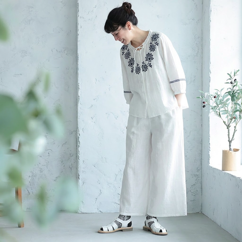 M-XL リネン生地 刺繍 七分袖 花模様 無地  テクスチャ 2点セット XL ホワイト/【2点セット】