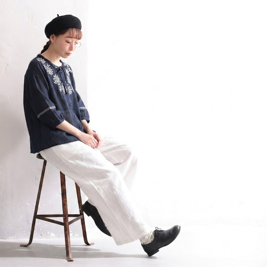 M-XL リネン生地 刺繍 七分袖 花模様 無地  テクスチャ 2点セット M ホワイト/【2点セット】