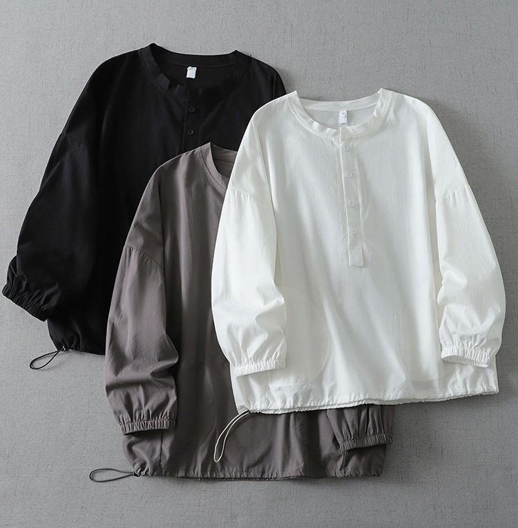 M-2XL 長袖 ゆったり ハーフボタンブラウス M ダークグレー