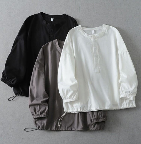 M-2XL 長袖 ゆったり ハーフボタンブラウス M ダークグレー