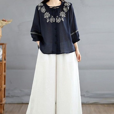M-XL リネン生地 刺繍 七分袖 花模様 無地  テクスチャ 2点セット M ホワイト/【2点セット】