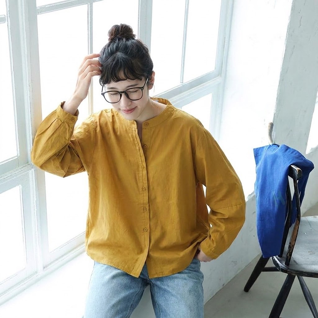 S-2XL スタンドカラー ダブル前立て ゆったり 季節の変わり目 シャツ 2XL イエロー