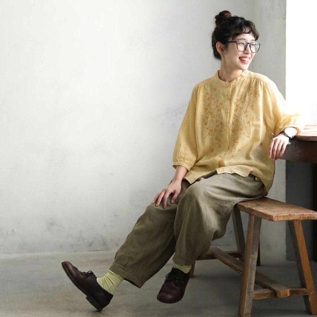 【ナチュラル】M-3XL 早い者勝ちです! ボタン 刺繍 アンクル丈（9分丈） 五分袖 ノーマルスリーブ カジュアル M イエロー トップス+オリーブグリーン【2点セット】