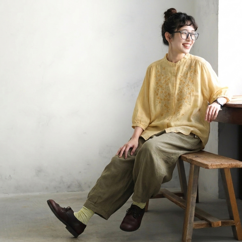 【ナチュラル】M-3XL 早い者勝ちです! ボタン 刺繍 アンクル丈（9分丈） 五分袖 ノーマルスリーブ カジュアル M イエロー トップス+オリーブグリーン【2点セット】
